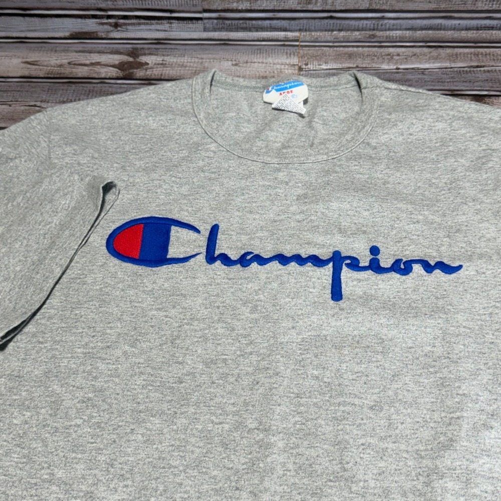 Champion Vintage Mens Logo T-Shirt Heather Grayâ Short Sleeve Crew Neck Large